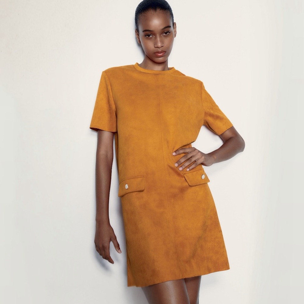 Zara Orange Faux Suede Shift Dress Jewel Button Pockets Size Small